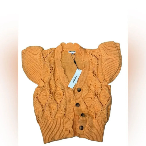 NWT adorable VIGOSS SS Sweater Cardigan Cantaloupe Color Ruffles Knit L - Picture 3 of 5